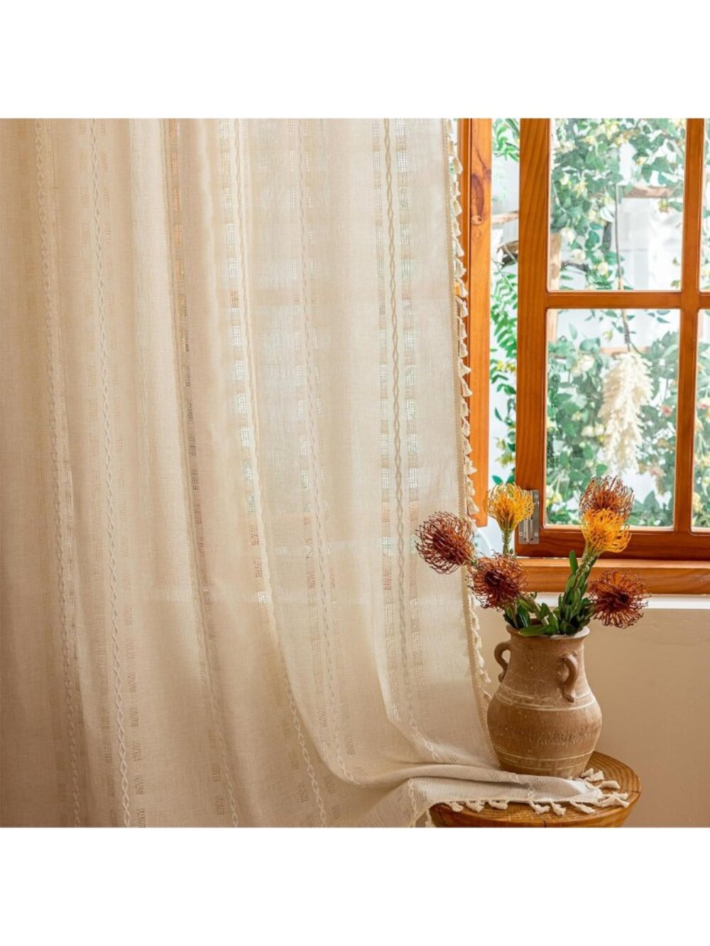 Natural Boho Semi Sheer Curtains 63 inch Length 2 Panel Set for Bedroom